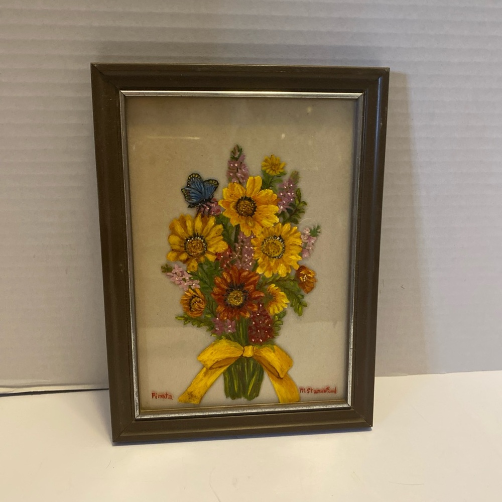 Vintage Framed Reverse Hand Painted Flowers on Glass Art with Butterfly